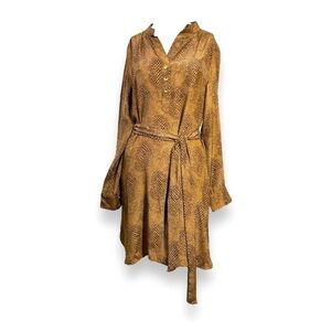 NEW Britt Ryan Silk Animal Print Dress Black Brown Long Sleeve Tie Waist Women S